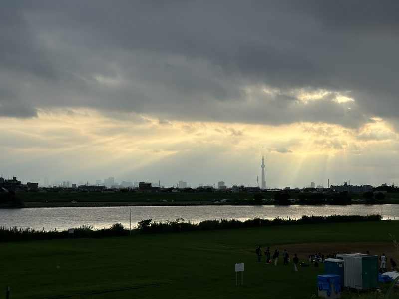 江戸川河川敷から見た夕暮れとスカイツリー